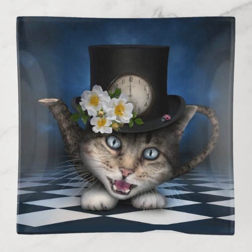 Awesome Mad Hatter Teapot Cat Whimsical Design Trinket Tray