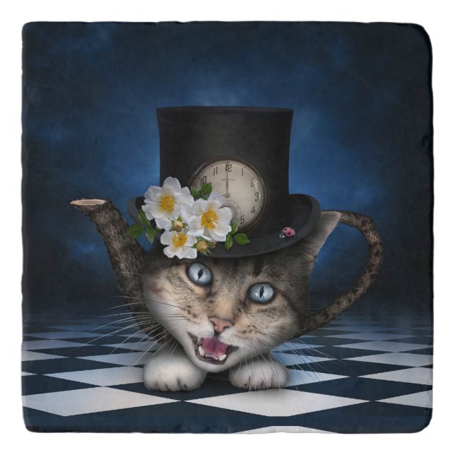 Awesome Mad Hatter Teapot Cat Whimsical Design Trivet (Front)
