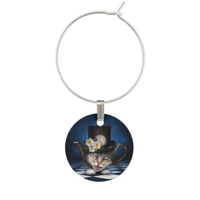 Awesome Mad Hatter Teapot Cat Whimsical Design Wine Charm (Front)