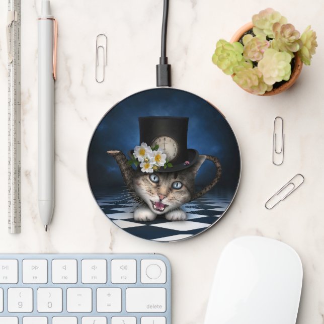 Awesome Mad Hatter Teapot Cat Whimsical Design Wireless Charger (Desk)
