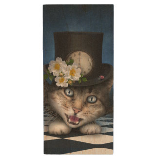 Awesome Mad Hatter Teapot Cat Whimsical Design Wood Flash Drive