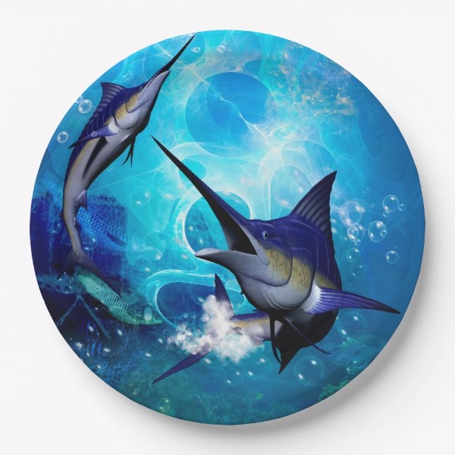 Awesome marlin with bubbles paper plates (Front)