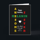 Awesome Melanin Sister Christian Happy Birthday Card<br><div class="desc">Simple, minimalist and stylish AWESOME MELANIN SISTER Birthday Card, with main text that reads AWESOME MELANIN SISTER displayed as a crossword in red, yellow and green typography, set against a rich black background. At the bottom, there is an inspirational quote, SHE IS BLACK AND BEAUTIFUL which is based on Christian...</div>