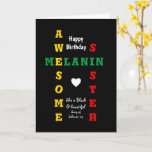 Awesome Melanin Sister Christian Happy Birthday Card<br><div class="desc">Simple, minimalist and stylish AWESOME MELANIN SISTER Birthday Card, with main text that reads AWESOME MELANIN SISTER displayed as a crossword in red, yellow and green typography, set against a rich black background. At the bottom, there is an inspirational quote, SHE IS BLACK AND BEAUTIFUL which is based on Christian...</div>