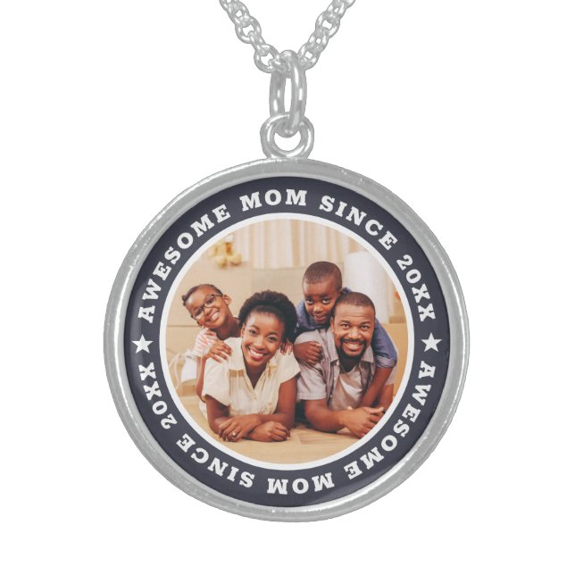 Awesome Mom Since 20XX Modern Simple Photo Sterling Silver Necklace (Front)
