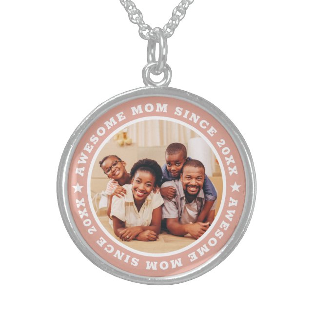 Awesome Mom Since 20XX Modern Simple Photo Sterling Silver Necklace (Front)