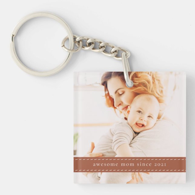 Awesome Mom Since 20XX Modern Simple Thread Photo Keychain (Front)