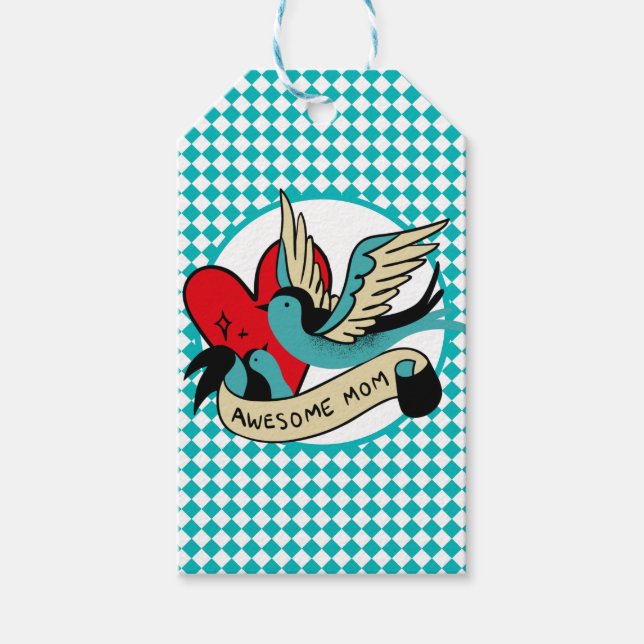 Awesome Mom Tattoo and Harlequin Mother's Day Gift Tags (Front)