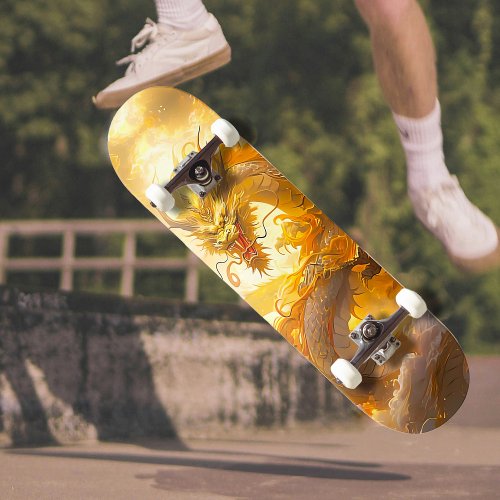 Awesome Mythical Golden Dragon Soaring in Clouds Skateboard