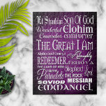 Awesome Names of God Jigsaw Puzzle<br><div class="desc">Awesome names of God design featuring: El Shaddai,  Son of God,  Wonderful Counselor,  Elohim,  Comforter,  The Great I Am,  Alpha and Omega,  Almighty,  Jehova,  Redeemer,  Master,  Paraclete,  Shepherd,  The Rock,  Lord,  Savior,  Messiah and Emmanuel in a beautifully typeset layout on a royal purple background.</div>