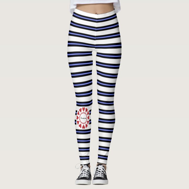 Awesome navy & white striped red love hearts leggings (Front)