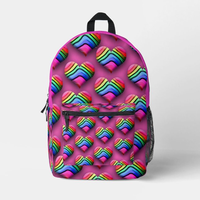 Awesome Neon Rainbow Hearts Printed Backpack (Front)