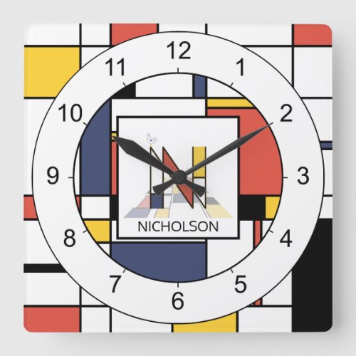 Awesome Neoplasticism Art Monogram Letter N Square Wall Clock