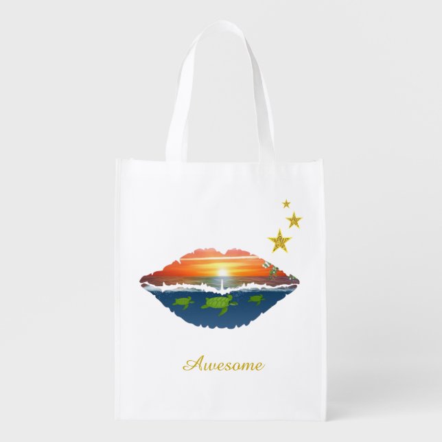 Awesome ocean sunrise lips, calligraphy and stars grocery bag (Front)