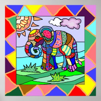 Awesome Ornamental Folk Art Colorful Elephant Poster by EleSil at Zazzle