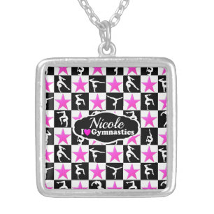 AWESOME PINK AND BLACK GYMNASTICS DESIGN SILVER PLATED NECKLACE