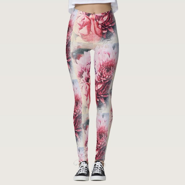 Awesome Pink Rose Chrysanthemum Flowers Leggings (Front)