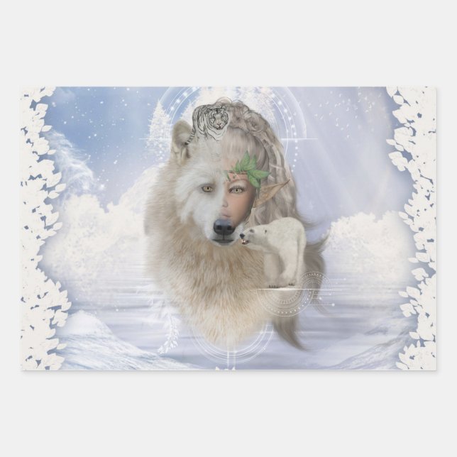 Awesome polarwolf with fairy, polarbear and snow t wrapping paper sheets (Front)