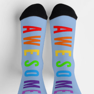 AWESOME POSTIVE HAPPY UPLIFTING TEXT RAINBOW BLUE SOCKS