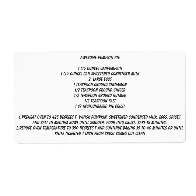 Awesome Pumpkin Pie REcipe Label (Front)