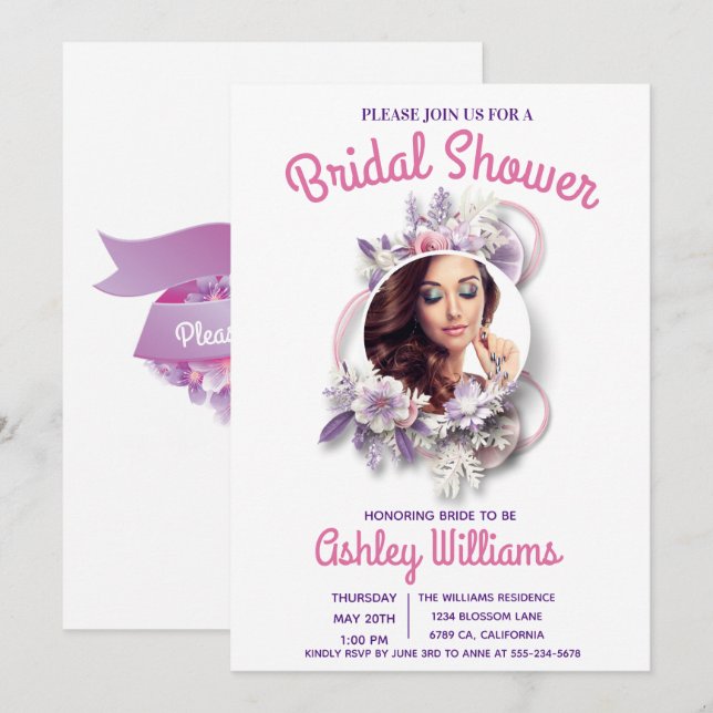 Awesome Purple Floral Photo Template Bridal Shower (Front/Back)