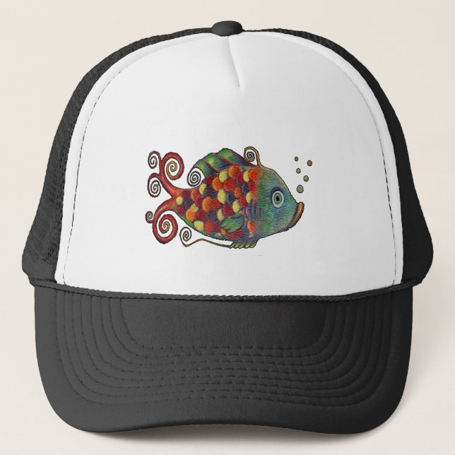Awesome Rainbow Whimsical Fish Artsy Hippie Cool Trucker Hat (Front)