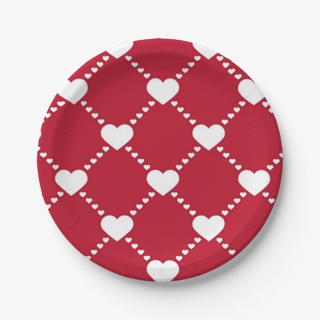Awesome red and white love hearts paper plates (Front)