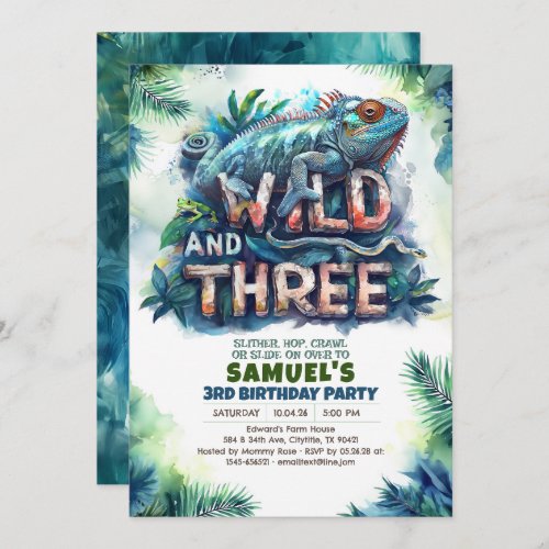 Awesome Reptiles Wild and Three 3rd Birthday Party Invitation