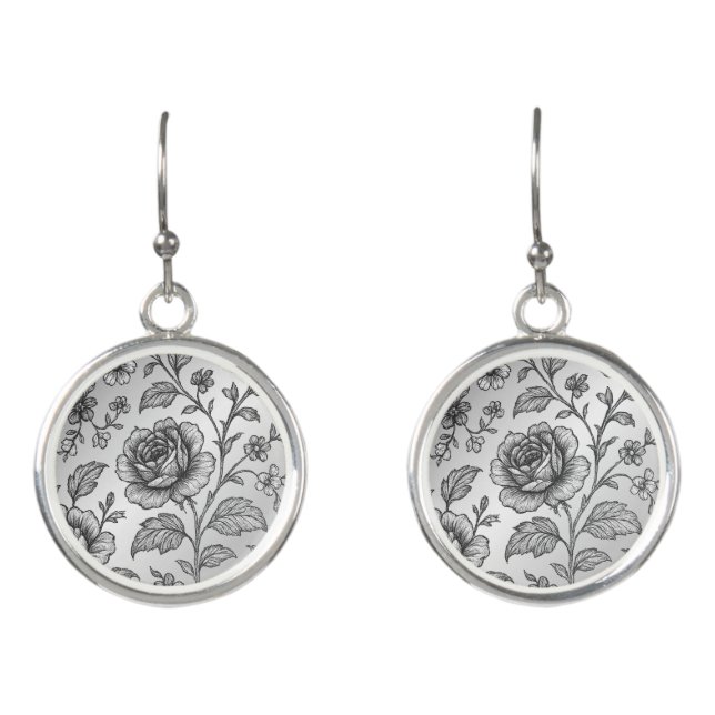 Awesome Rose Floral Pattern Silver Shine Earrings (Front)