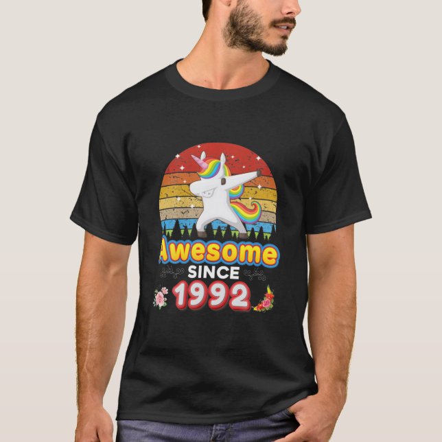 Awesome Since 1992 28Th Birthday Dabbing Unicorn F T-Shirt (Front)