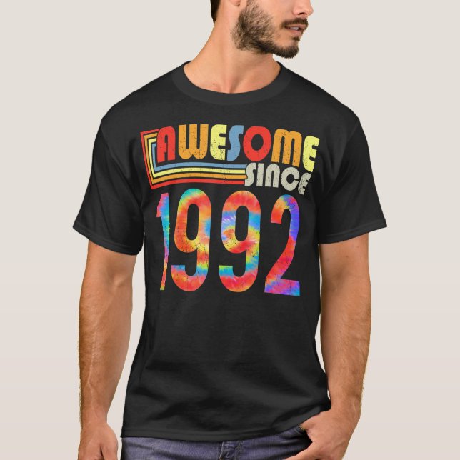 Awesome Since 1992 31st Birthday Retro Rainbow Tie T-Shirt (Front)