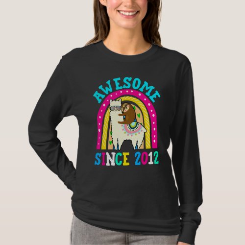 Awesome Since 2012 Llama Sloth 10th Birthday Rainb T_Shirt