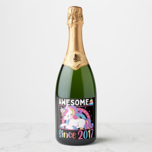 Awesome Since 2017 Girl Unicorn Birthday Celebrati Sparkling Wine Label
