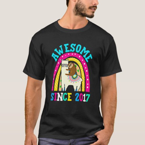 Awesome Since 2017 Llama Sloth 5th Birthday Rainbo T_Shirt