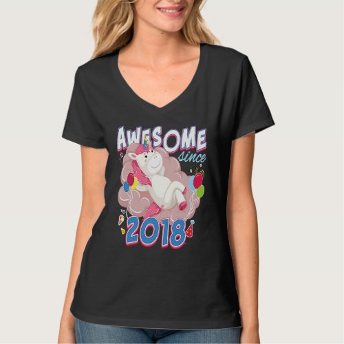 Awesome since 2018 Unicorn Birthday Girls Annivers T_Shirt