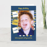 Awesome Son blue and gold Birthday Card<br><div class="desc">Personalize this greeting card for your Son,  with a photo.
Designed in blue and gold.
We're so proud to call you our Son.
Awesome,  wonderful,  incredible.
Birthday card for Son</div>