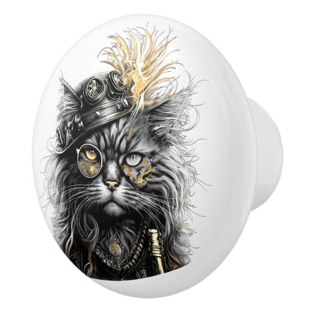 Awesome Steampunk Cat  Ceramic Knob (Right)
