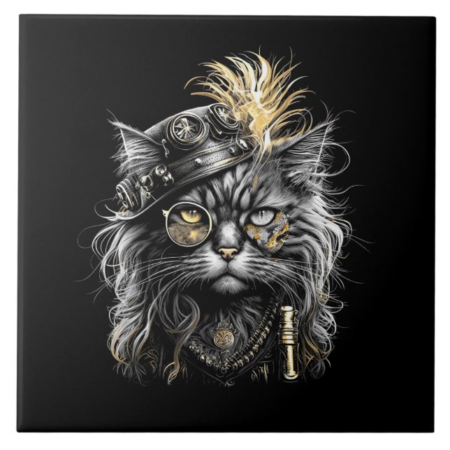 Awesome Steampunk Cat  Ceramic Tile (Front)