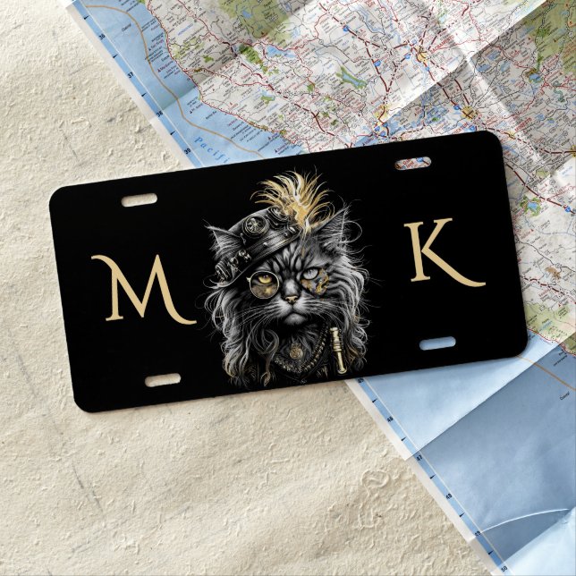 Awesome Steampunk Cat Monogram Initials License Plate (In Situ)