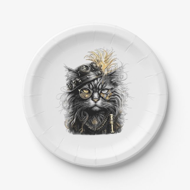 Awesome Steampunk Cat  Paper Plates (Front)