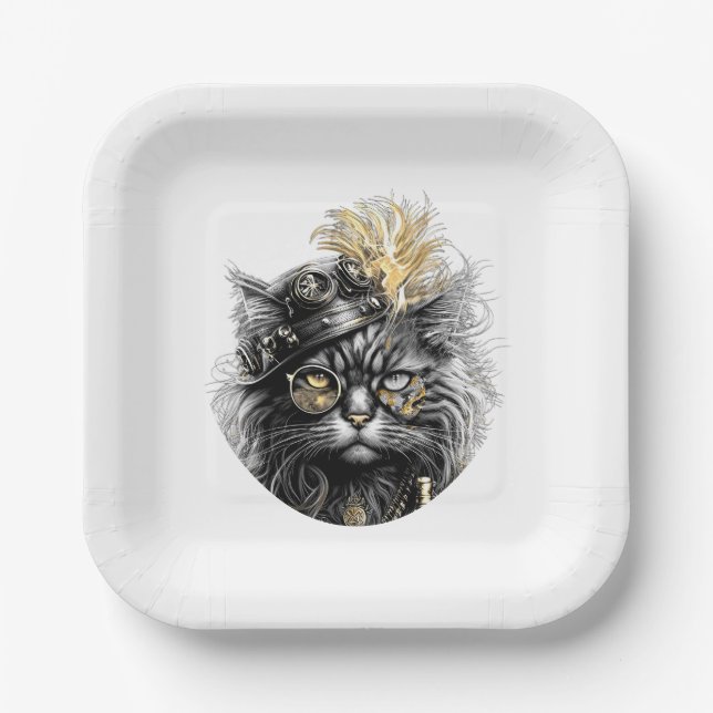 Awesome Steampunk Cat  Paper Plates (Front)