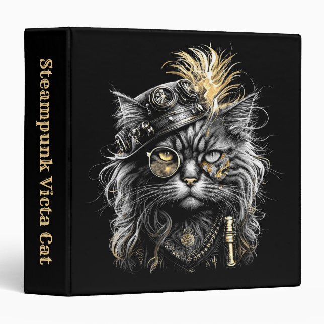 Awesome Steampunk Cat Personal Text 3 Ring Binder (Front/Spine)