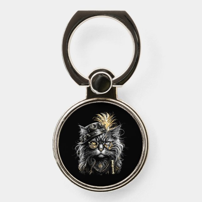 Awesome Steampunk Cat  Phone Ring Stand (Front)