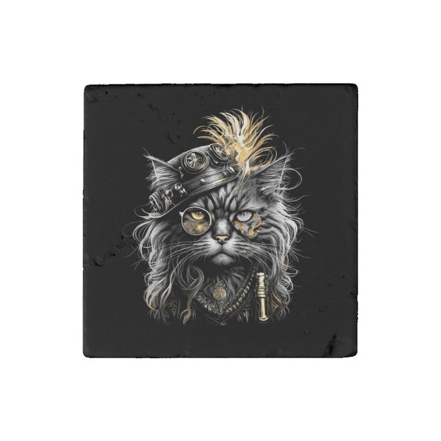 Awesome Steampunk Cat  Stone Magnet (Front)