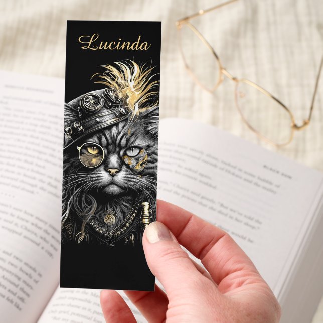 Awesome Steampunk Cat with Name Bookmarks (Hand)