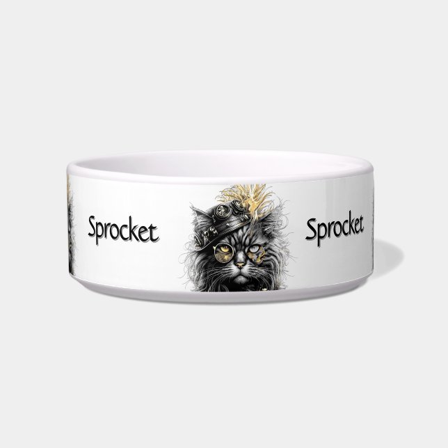 Awesome Steampunk Cat with Name Bowl (Front)