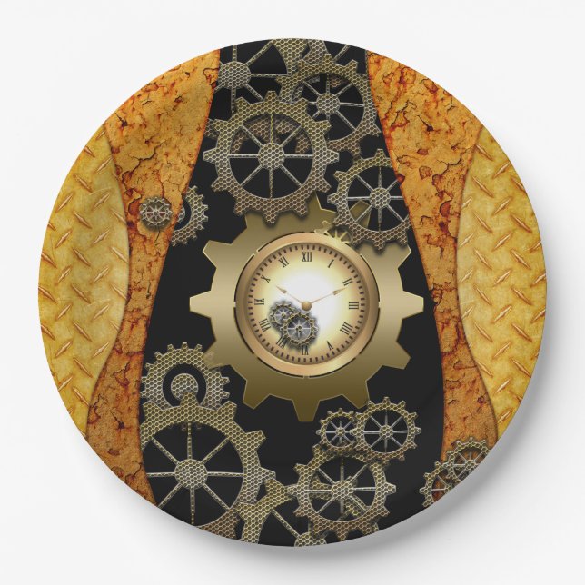 Awesome steampunk design with clocks and gears paper plates (Front)