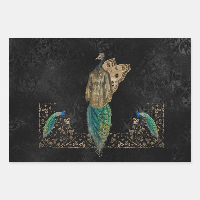 Awesome steampunk peacock wrapping paper sheets (Front)