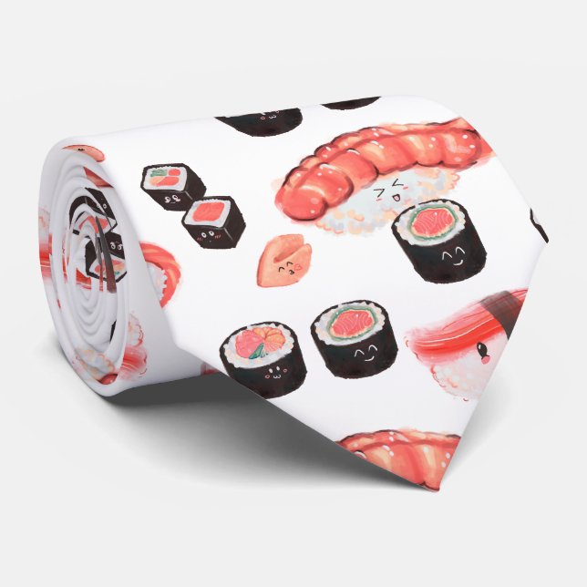Awesome Sushi Pattern with Kawaii Expressions Neck Tie (Rolled)