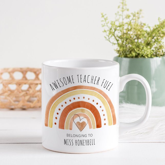 Awesome Teacher Fuel Doodle Rainbow Personalized Coffee Mug (Awesome Teacher Fuel gift mug with rainbow)